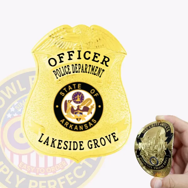 Shield-shaped custom gold flex badge for Lakeside Grove police officer, showing an embossed eagle at the top, black text "OFFICER POLICE DEPARTMENT" curved above the Arkansas state seal in the center, with "LAKESIDE GROVE" across the bottom, attached with Velcro.