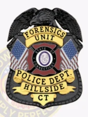 Black metal badge with an eagle perched on top, designed for the Hillside Police Forensics Unit, showing "FORENSICS UNIT" in bold black letters on a yellow banner above the Connecticut state seal surrounded by American flags, and "POLICE DEPT. HILLSIDE CT" on a scroll at the bottom, secured with a safety pin.