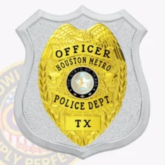 Polished custom silver shield metal badge with an inner eagle top shield for houston metro police the officer with safety pin attachment, showing a silver shield with a gold eagle emblem centered, bold black lettering on the gold badge stating "officer," "houston metro," "police dept. ," and "tx," along with the state of texas seal in the middle.