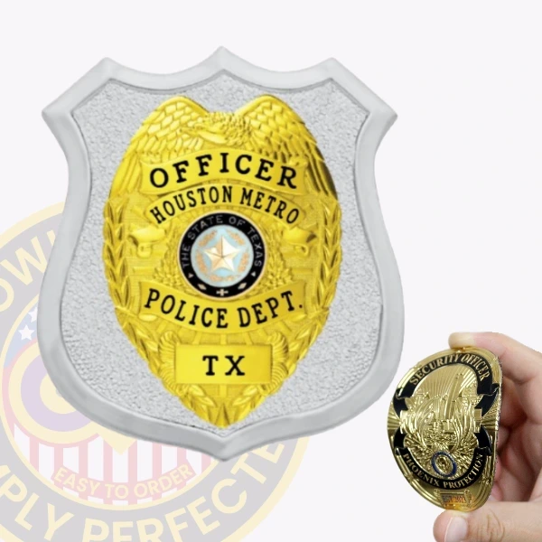 Custom silver shield flex badge with an inner eagle top shield for Houston Metro police the officer with velcro attachment, featuring a textured silver shield background with a bright gold eagle-shaped badge in the center, black text reading "OFFICER," "HOUSTON METRO," "POLICE DEPT.," and "TX," surrounding the Texas state seal.