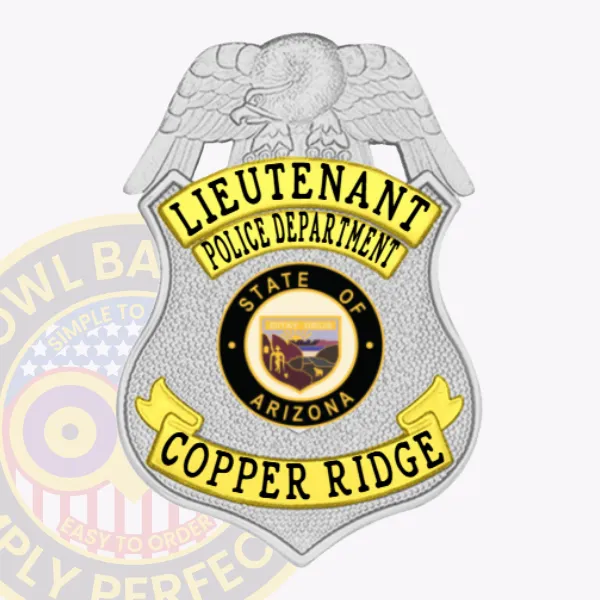 Custom-designed police badge for Copper Ridge lieutenant with textured silver background, featuring a silver eagle at the top, gold banners with bold black text reading "LIEUTENANT," "POLICE DEPARTMENT," and "COPPER RIDGE," surrounding the official Arizona state seal in black and gold at the center, held in place by a safety pin.