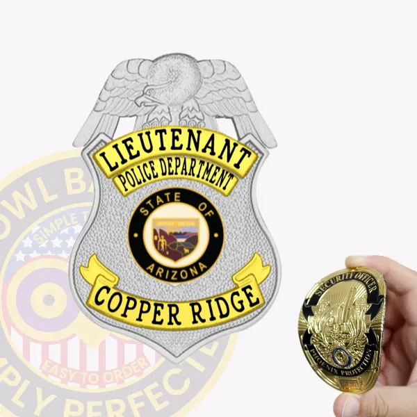 Shield-shaped custom flex badge for Copper Ridge police lieutenant, made of silver with a textured background, gold panels displaying "LIEUTENANT," "POLICE DEPARTMENT," and "COPPER RIDGE," a silver eagle on top, and a black and gold Arizona state emblem at the center, designed with velcro attachment.