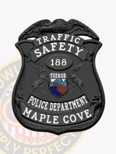 Black shield-shaped metal badge topped by an eagle, with bold white lettering "TRAFFIC SAFETY" and "POLICE DEPARTMENT," an oval center panel showing "188," a multicolor state seal in the middle, designed for Maple Cove police traffic safety, secured with safety pin.
