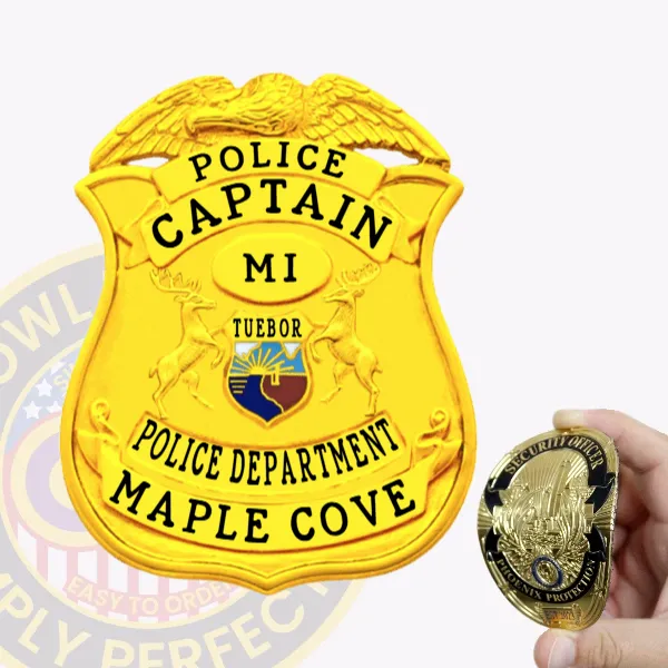 Custom gold eagle top shield flex badge for Maple Cove police captain, featuring bold black text "POLICE" and "CAPTAIN" on top banners, a gold oval with "MI," a colorful state emblem in the center, and black text "POLICE DEPARTMENT" and "MAPLE COVE" on bottom banners, with velcro attachment.