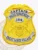 Custom gold metal badge shaped as a shield with eagle figure on top, silver panels with black lettering "CAPTAIN" and "POLICE DEPARTMENT," a central silver oval marked "184," and a silver bottom banner labeled "GREAT LAKES VILLAGE," secured by safety pin.