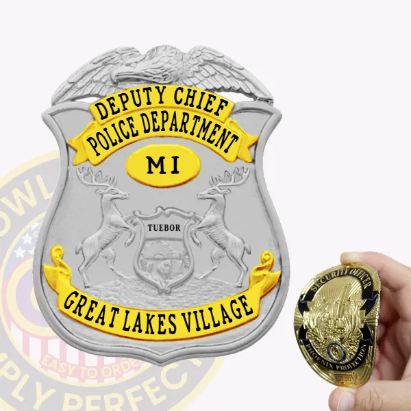 Great Lakes Village police deputy chief custom silver flex badge featuring an eagle at the peak, gold banners with black lettering for "DEPUTY CHIEF" and "POLICE DEPARTMENT," a central gold oval labeled "MI," and a gold bottom banner reading "GREAT LAKES VILLAGE," equipped with velcro backing.