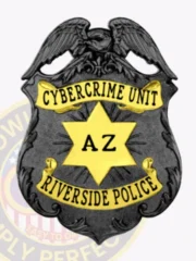 Riverside police cybercrime unit custom metal badge in black with gold accent panels, showing "CYBERCRIME UNIT" at the top, "RIVERSIDE POLICE" at the bottom, and a gold six-point star in the center marked "AZ," equipped with a safety pin fastener.