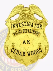 Cedar Woods police investigator custom gold metal badge with eagle emblem on top, black embossed lettering for "INVESTIGATOR," "POLICE DEPARTMENT," and "CEDAR WOODS," featuring a six-point star in the center, secured by a safety pin backing.