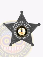 Black metal 5 point star badge for Cedar Shore Police Homicide Unit, including clear white lettering encircling the Virginia state seal reading “HOMICIDE UNIT POLICE DEPT. CEDAR SHORE,” equipped with a safety pin for secure attachment.