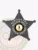 Black metal 5 point star badge for Cedar Shore Police Homicide Unit, including clear white lettering encircling the Virginia state seal reading “HOMICIDE UNIT POLICE DEPT. CEDAR SHORE,” equipped with a safety pin for secure attachment.