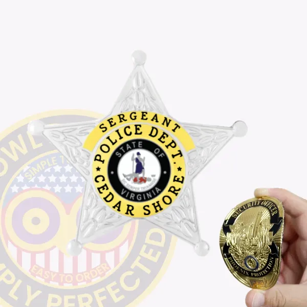Cedar Shore Police Sergeant custom silver 5 point star flex badge with gold panels, featuring black text around the center reading “SERGEANT POLICE DEPT. CEDAR SHORE” and the Virginia state seal in the middle, designed with a velcro attachment.
