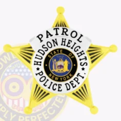 Gold and silver five-point star metal badge for hudson heights police patrol, showing “patrol hudson heights police dept. ” in bold black letters surrounding the blue new york state emblem, made with a safety pin attachment for uniform use.