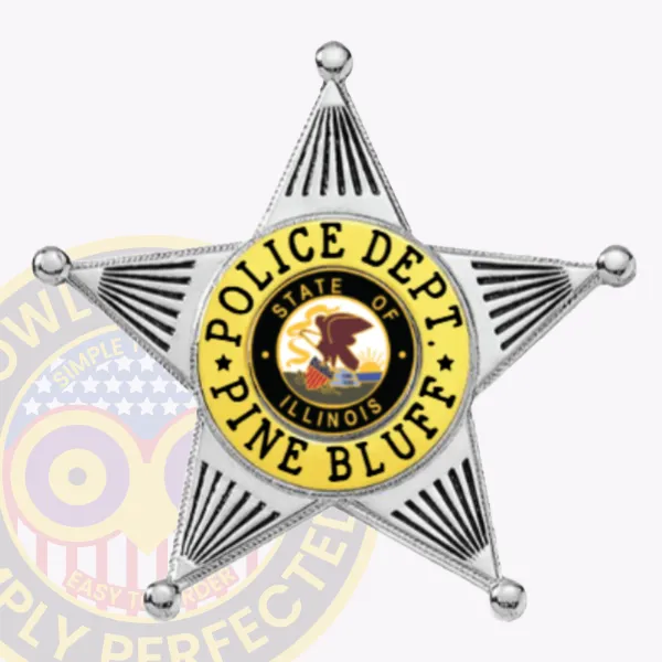 Silver and gold five-point star metal badge for Pine Bluff Police, showing “POLICE DEPT. PINE BLUFF” in bold black text on a gold ring surrounding the official Illinois state seal, equipped with a safety pin for secure wear.