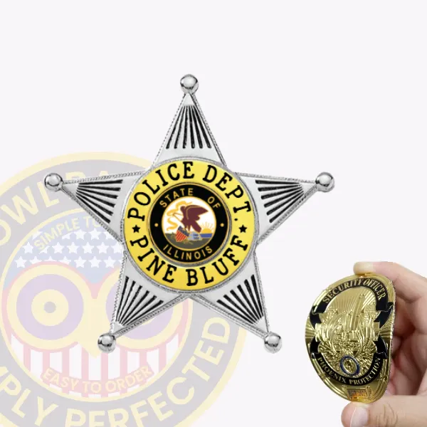 Custom silver 5 point star flex badge with gold panels for Pine Bluff Police, featuring the text “POLICE DEPT. PINE BLUFF” in black letters on the gold circular banner around the Illinois state seal in the center, designed with a velcro attachment.
