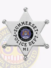 This custom 6 pointed star metal badge for Summerset Police gleams in silver, with "SUMMERSET POLICE DEPT." beautifully arranged around the central Michigan state seal. The safety pin attachment provides a secure fit, making it perfect for use by law enforcement personnel.
