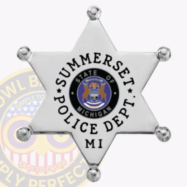 A sleek silver custom 6 pointed star metal badge for Summerset Police, prominently displaying "SUMMERSET POLICE DEPT." around the Michigan state seal at its center. The badge features a safety pin attachment, ensuring it stays securely in place on uniforms. This custom 6 pointed star metal badge for Summerset Police shines in a polished silver finish, with "SUMMERSET POLICE DEPT."