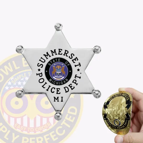 A shiny silver custom 6 pointed star flex badge for Summerset Police, featuring the text "SUMMERSET POLICE DEPT." prominently displayed around the state seal of Michigan. This badge includes a velcro attachment for easy wear, making it a practical choice for law enforcement.