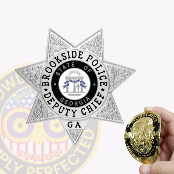Elegant silver custom flex badge featuring "BROOKSIDE POLICE" prominently at the top in bold black letters. The badge includes "DEPUTY CHIEF" in the center, along with "STATE OF GEORGIA" and "GA," all attached securely with a practical velcro attachment for convenience.