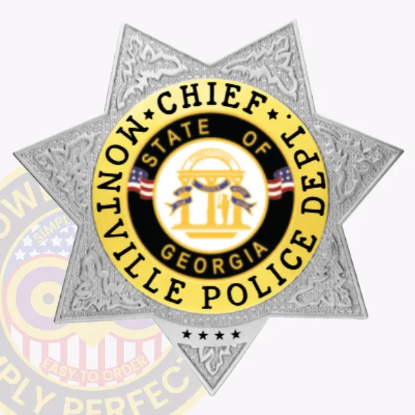 Eye-catching silver custom metal badge with a gold circle panel, featuring "CHIEF" prominently inscribed at the top in sharp black text. The intricate design includes "MONTVILLE POLICE DEPT." and "STATE OF GEORGIA" surrounding the central emblem, all complemented by a reliable safety pin attachment for practicality.