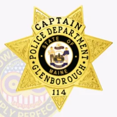 Polished gold custom metal badge prominently displaying the title "captain" at the top in bold black letters. The star-shaped badge features "police department" and "glenborough" surrounding a central emblem, along with "state of maine" and the number "114" at the bottom. It includes a safety pin attachment for secure and convenient wear.