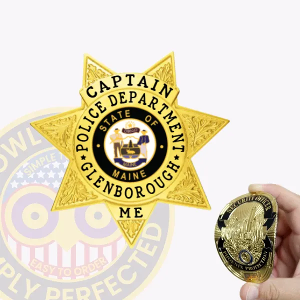 Elegant gold custom flex badge featuring "CAPTAIN" prominently at the top in bold black letters. The badge includes "POLICE DEPARTMENT" and "GLENBOROUGH" within the central design, along with "STATE OF MAINE" and "ME," all attached securely with a practical velcro attachment for convenience.