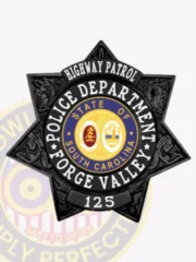 Forge Valley Police Department custom 7 point stat flex badge designed in striking black for the rank of highway patrol. The bold white text "HIGHWAY PATROL" stands out prominently at the top, framing a detailed state emblem in the center. "POLICE DEPARTMENT" and "FORGE VALLEY" are displayed beneath, adding significance. This badge includes a practical Velcro attachment for easy fastening.
