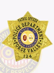 Elegant gold 7 point stat flex badge for the Forge Valley Police Department patrol officer, highlighting the title "PATROL OFFICER" in bold black lettering at the top. The central emblem of South Carolina adds authority, while "POLICE DEPARTMENT" and "FORGE VALLEY" are showcased gracefully below. This badge features a reliable Velcro attachment for convenient wear.