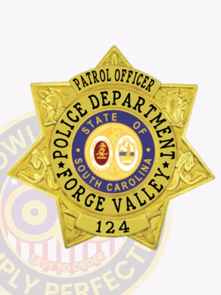 Elegant gold 7 point stat flex badge for the Forge Valley Police Department patrol officer, highlighting the title "PATROL OFFICER" in bold black lettering at the top. The central emblem of South Carolina adds authority, while "POLICE DEPARTMENT" and "FORGE VALLEY" are showcased gracefully below. This badge features a reliable Velcro attachment for convenient wear.