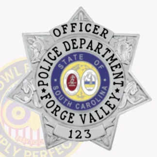Custom 7 point stat flex badge for the Forge Valley Police Department officer, featuring a polished silver finish. The title "OFFICER" is prominently displayed at the top in bold black letters, surrounding a central emblem representing the state of South Carolina. Below, "POLICE DEPARTMENT" and "FORGE VALLEY" are elegantly showcased, with the badge number "123" clearly visible at the bottom. A Velcro attachment ensures secure and versatile wear.