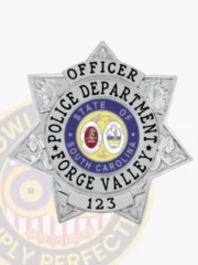 Vibrant custom 7 point stat flex badge for the Forge Valley Police Department officer, featuring a striking silver finish. The text "OFFICER" is boldly displayed in black at the top, encircling the state emblem. Below, "POLICE DEPARTMENT" and "FORGE VALLEY" enhance its authority, with "123" prominently shown at the bottom. This badge includes a Velcro attachment for secure display and easy wear.