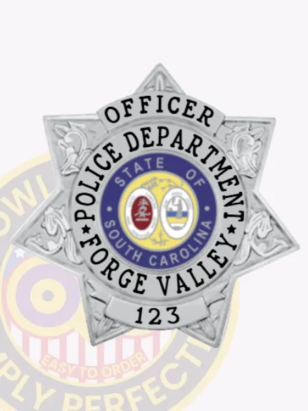 Vibrant custom 7 point stat flex badge for the Forge Valley Police Department officer, featuring a striking silver finish. The text "OFFICER" is boldly displayed in black at the top, encircling the state emblem. Below, "POLICE DEPARTMENT" and "FORGE VALLEY" enhance its authority, with "123" prominently shown at the bottom. This badge includes a Velcro attachment for secure display and easy wear.