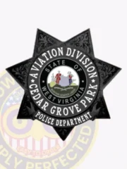 Showcasing a custom 7-point star metal badge for Cedar Grove Park police, this black badge features the title "AVIATION DIVISION" boldly at the top. Centrally located is a round emblem depicting the state of West Virginia’s seal, flanked by the words "CEDAR GROVE PARK POLICE DEPARTMENT" below. A safety pin attachment allows for easy and reliable wear.