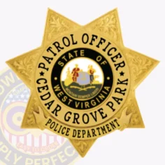 An eye-catching custom 7-point star metal badge for cedar grove park police, crafted in gold and featuring "patrol officer" at the top. The central circular design highlights the state seal of west virginia, complemented by the words "cedar grove park police department. " with a safety pin attachment, this badge merges elegance with practicality for law enforcement professionals.