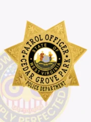 Featuring a vibrant custom 7-point star metal badge for Cedar Grove Park police, this gold badge displays "PATROL OFFICER" in bold letters across the top. In the center, a circular emblem showcases the state seal of West Virginia, with "CEDAR GROVE PARK POLICE DEPARTMENT" inscribed below. The safety pin attachment provides functionality and ease of use.