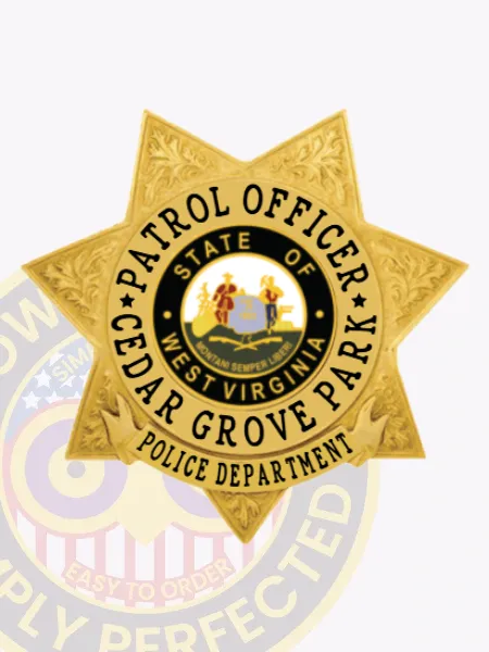 Featuring a vibrant custom 7-point star metal badge for Cedar Grove Park police, this gold badge displays "PATROL OFFICER" in bold letters across the top. In the center, a circular emblem showcases the state seal of West Virginia, with "CEDAR GROVE PARK POLICE DEPARTMENT" inscribed below. The safety pin attachment provides functionality and ease of use.