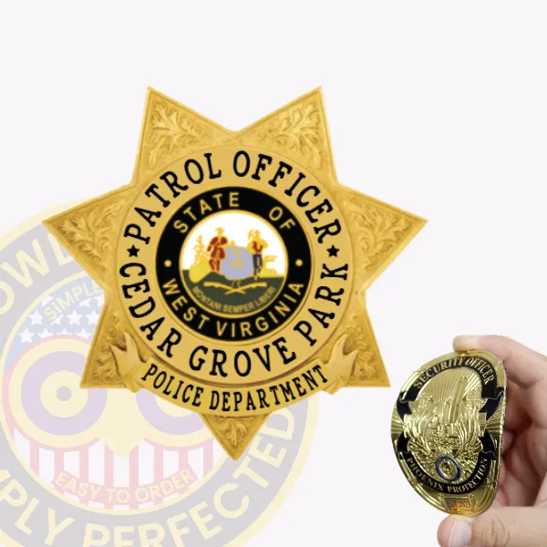 A striking custom 7-point star flex badge for Cedar Grove Park police, prominently featuring the words "PATROL OFFICER" arched at the top. The badge's gold finish shines, with a circular emblem in the center showing the state of West Virginia and its seal. This badge is designed with a velcro attachment for easy wear, making it both practical and visually appealing.