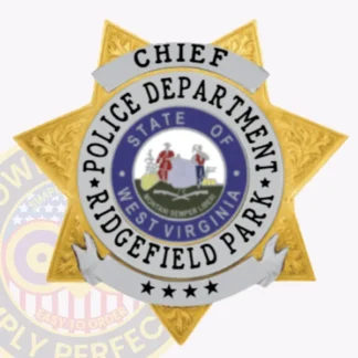A custom 7-point star metal badge for Ridgefield Park police, elegantly designed in gold with striking silver panels. The badge prominently features "CHIEF" at the top, while "POLICE DEPARTMENT" arches above a circular emblem displaying the state seal of West Virginia. Below, "RIDGEFIELD PARK" is inscribed, completing the official look. It includes a velcro attachment for secure and convenient wearing.