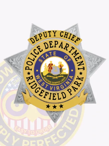 An impressive custom 7-point star metal badge for Ridgefield Park police, finished in silver with stylish gold panels. The badge highlights "DEPUTY CHIEF" at the top, with "POLICE DEPARTMENT" curving above a circular emblem that features the state seal of West Virginia. Below, "RIDGEFIELD PARK" completes the badge’s look. A velcro attachment provides practicality and ease of use.