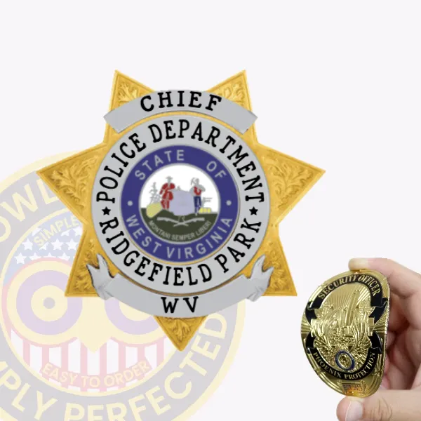 Showcasing a custom 7-point star flex badge for Ridgefield Park police, this badge combines gold and silver accents beautifully. The title "CHIEF" sits prominently at the top, while "POLICE DEPARTMENT" arches above the central circular emblem of West Virginia’s state seal. "RIDGEFIELD PARK WV" is inscribed below, enhancing its authority. The velcro attachment ensures practicality for daily use.