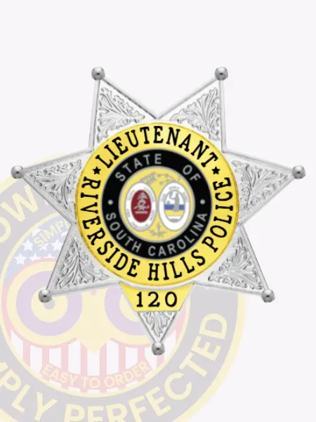 Depicting a beautifully crafted custom flex badge in silver, this image shows a star-shaped emblem featuring "LIEUTENANT" prominently in the center. Surrounding text includes "Riverside Hills Police" and "State of South Carolina," all highlighted by elegant gold panels. A safety pin attachment provides functionality for everyday use. This visual emphasizes the standout elements of custom flex in silver with gold panels and with safety pin attachment.