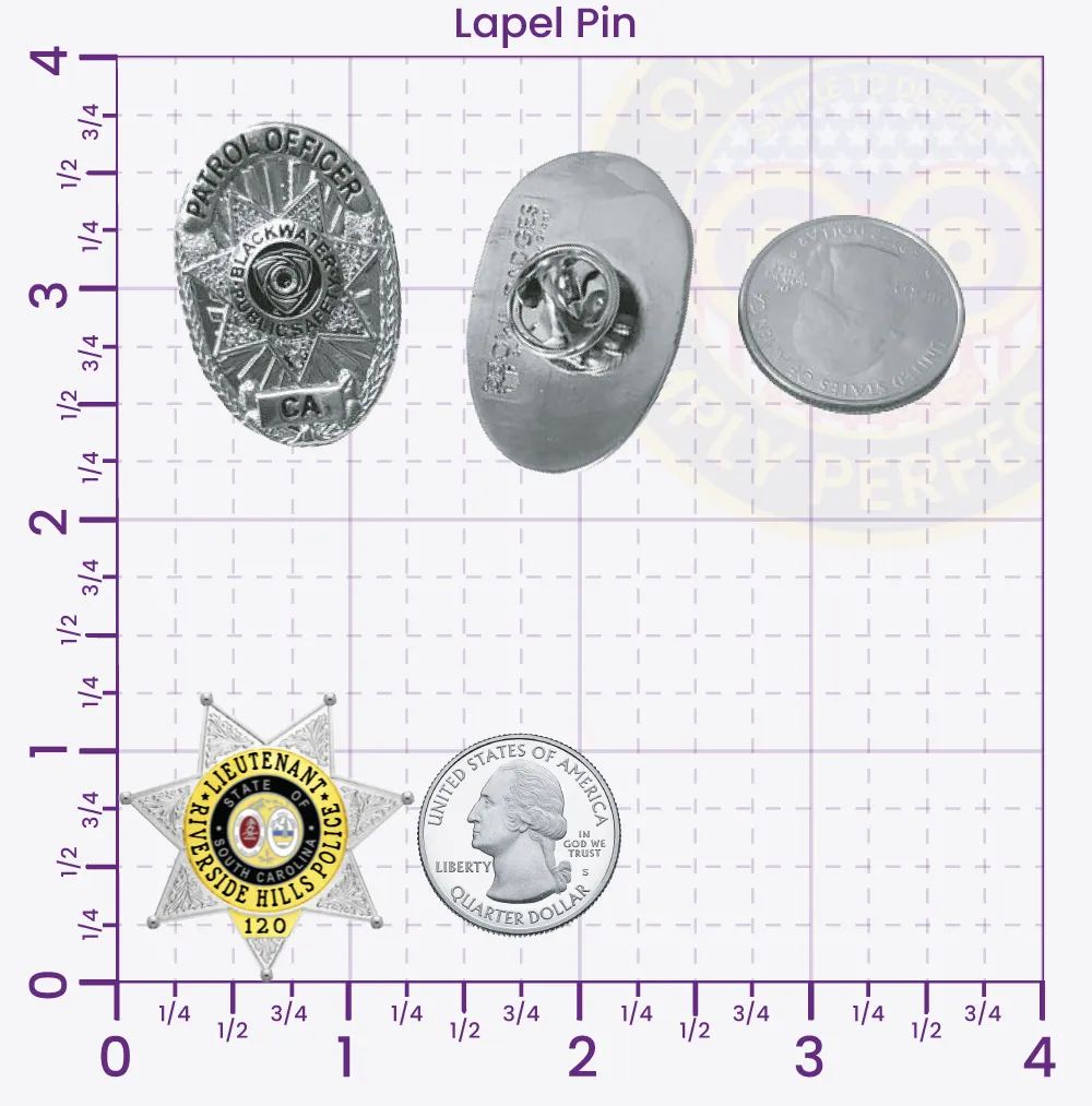 17-H13 Custom Badges And Design, Create, Build and Order Custom Badges Personalized Badges Officer Badges Riverside Hills Police Silver Lapel Pins