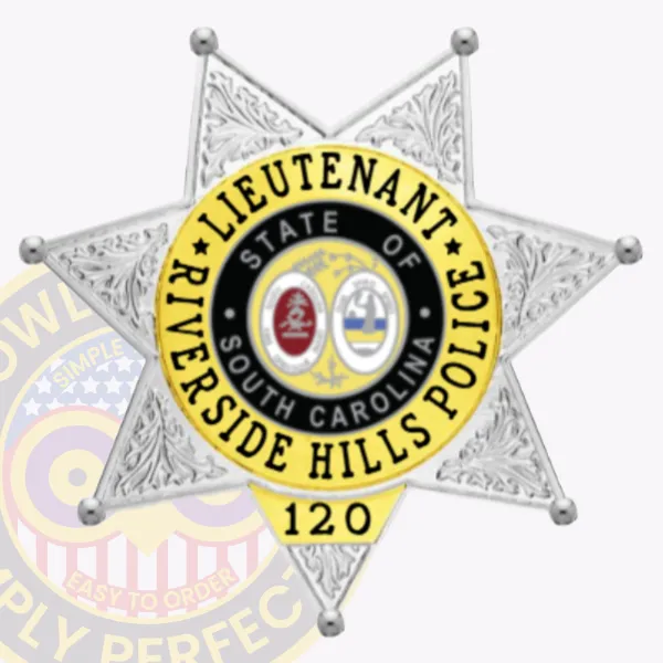 This elegant custom flex badge in silver is designed in a star shape, radiating authority. The central area displays "LIEUTENANT," bordered by "Riverside Hills Police" and "State of South Carolina." Gold panels enhance its aesthetic appeal, and the badge includes a practical safety pin attachment for secure wearing. This image captures the key features of custom flex in silver with gold panels and with safety pin attachment.
