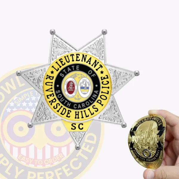 Showcasing a stunning custom flex badge, this silver star design includes a central medallion featuring "Lieutenant" and "Riverside Hills Police." The badge is accented with elegant gold panels, creating a striking contrast against the silver background. A velcro attachment guarantees easy fastening, making it practical for daily use. This depiction emphasizes the standout features of custom flex in silver with gold panels and with velcro attachment.