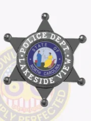 This custom 6 pointed star metal badge for Lakeside View Police showcases a polished black finish, with "POLICE DEPT. LAKESIDE VIEW" elegantly inscribed around the state seal of North Carolina. The safety pin attachment ensures it stays securely in place, making it a practical accessory for officers.