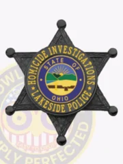 Custom black 6 point star metal badge for Lakeside Police Homicide Investigations, featuring a textured black finish with gold lettering around a central seal showing the State of Ohio emblem, attached by a safety pin.