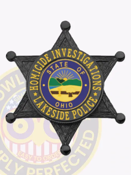 Custom black 6 point star metal badge for Lakeside Police Homicide Investigations, featuring a textured black finish with gold lettering around a central seal showing the State of Ohio emblem, attached by a safety pin.