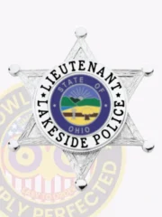 Custom silver 6 point star metal badge for Lakeside Police Lieutenant, featuring a textured silver finish with black lettering around a circular State of Ohio seal, secured by a safety pin attachment.