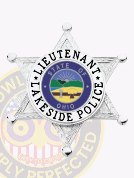 Custom silver 6 point star metal badge for Lakeside Police Lieutenant, featuring a textured silver finish with black lettering around a circular State of Ohio seal, secured by a safety pin attachment.