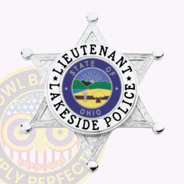Lakeside Police custom silver metal badge in a 6 point star shape, featuring black embossed lettering surrounding the colorful Ohio state seal, finished with a safety pin for secure wear.