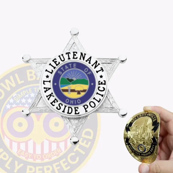 Custom silver 6 point star flex badge for Lakeside Police Lieutenant, featuring black text “LIEUTENANT LAKESIDE POLICE” around the Ohio state seal in the center, designed with a velcro attachment.